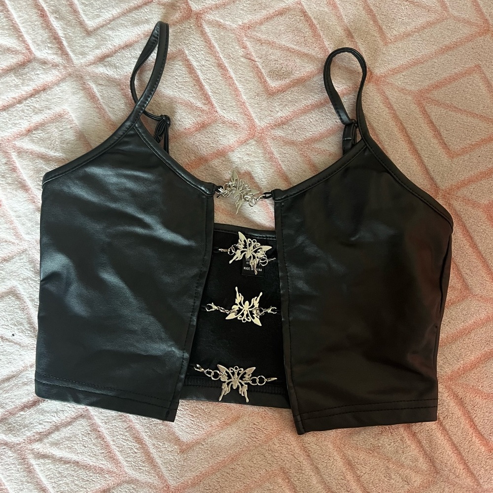 Fake leather butterfly charm crop top